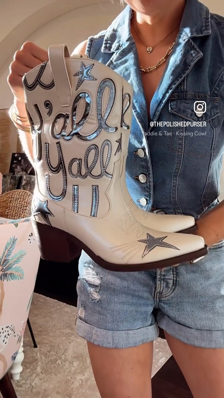  Y’ALL! These cowboy boots look IDENTICAL to a designer pair that sell for $1,900! I could NOT believe my eyes! The metallic detail, the whimsical print? They are the most unique cowgirl boots ever! 🤩 They come in several color combos, too! Perfect western look for a country concert,  the rodeo, or just a Dallas date night.  They’re comfy and they are true to size…I’m 5’2” 108 lbs. wearing my usual size 6 here. 💙💙💙

#LTKShoeCrush #LTKFestival #LTKFindsUnder100
