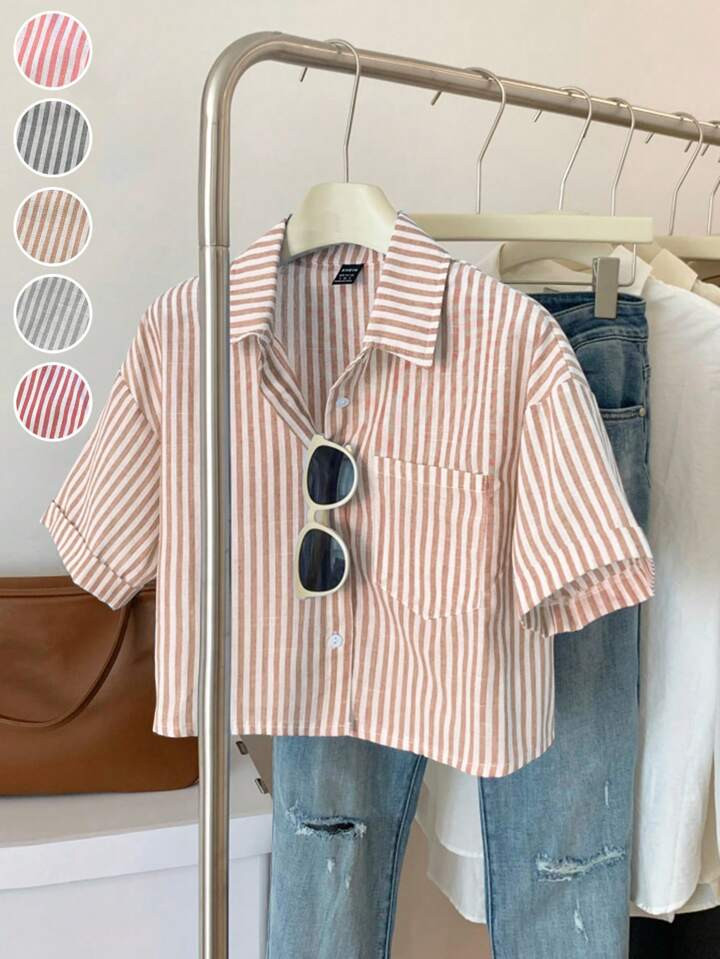 Flirla Women Fashion Loose Casual Striped Half Sleeve Rolled Cuff Blouse, Linen Fabric Women Shirt,Short Sleeve Tops | SHEIN