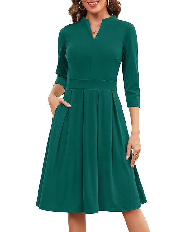 Zattcas Women 3/4 Sleeve Vneck Fall Dress Business Casual Work Teacher Church Modest Pleated Midi... | Amazon (US)