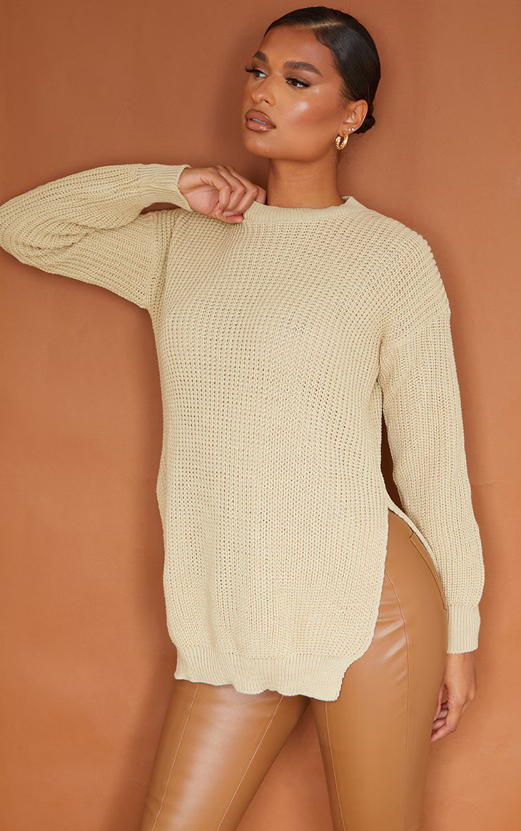 Stone Round Neck Side Split Sweater | PrettyLittleThing US