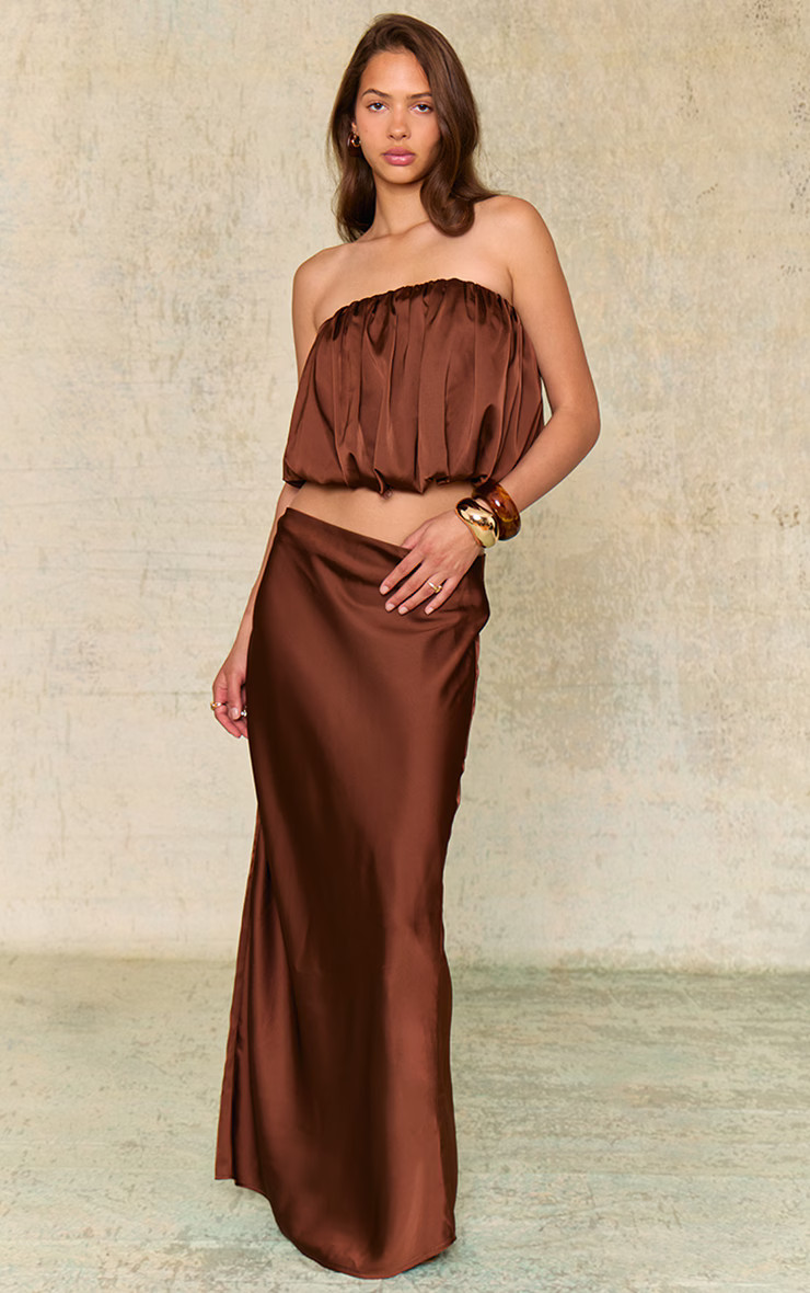 Chocolate Brown Satin Mid Rise Maxi Skirt | PrettyLittleThing UK