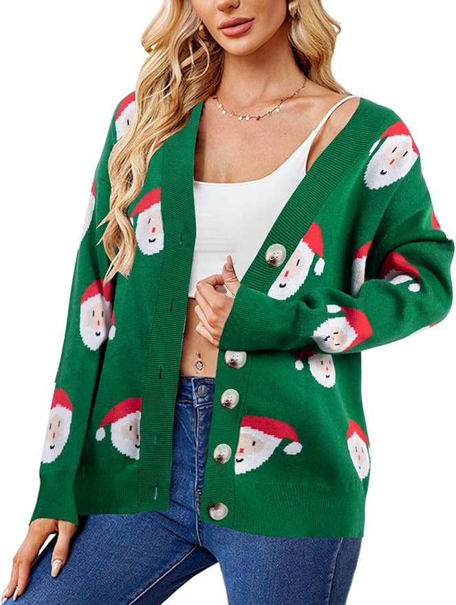 MOUSYA Ugly Christmas Sweater Cardigan Women Santa Claus Open Front Button Down Top Lightweight K... | Amazon (US)