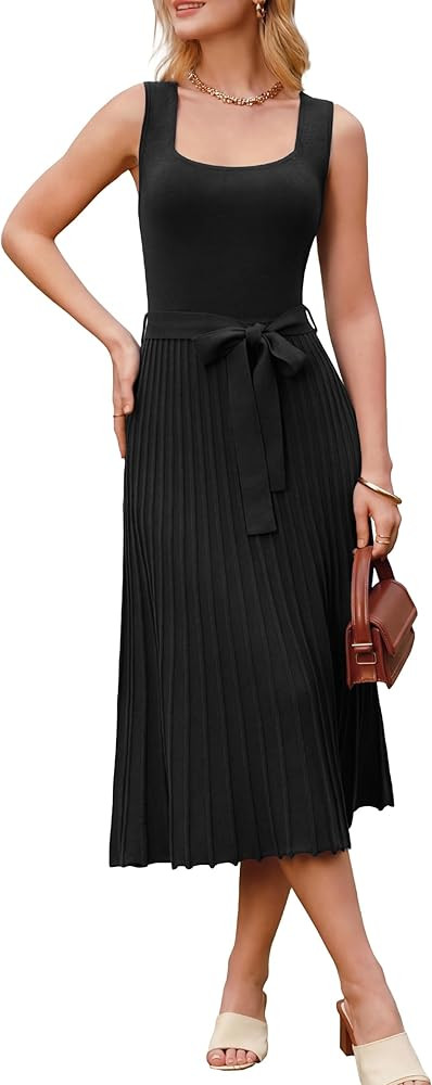 Arach&Cloz Women's Wool Blend Square Neck Tie Waist Pleated Summer Sweater Dress 2026 | Amazon (US)