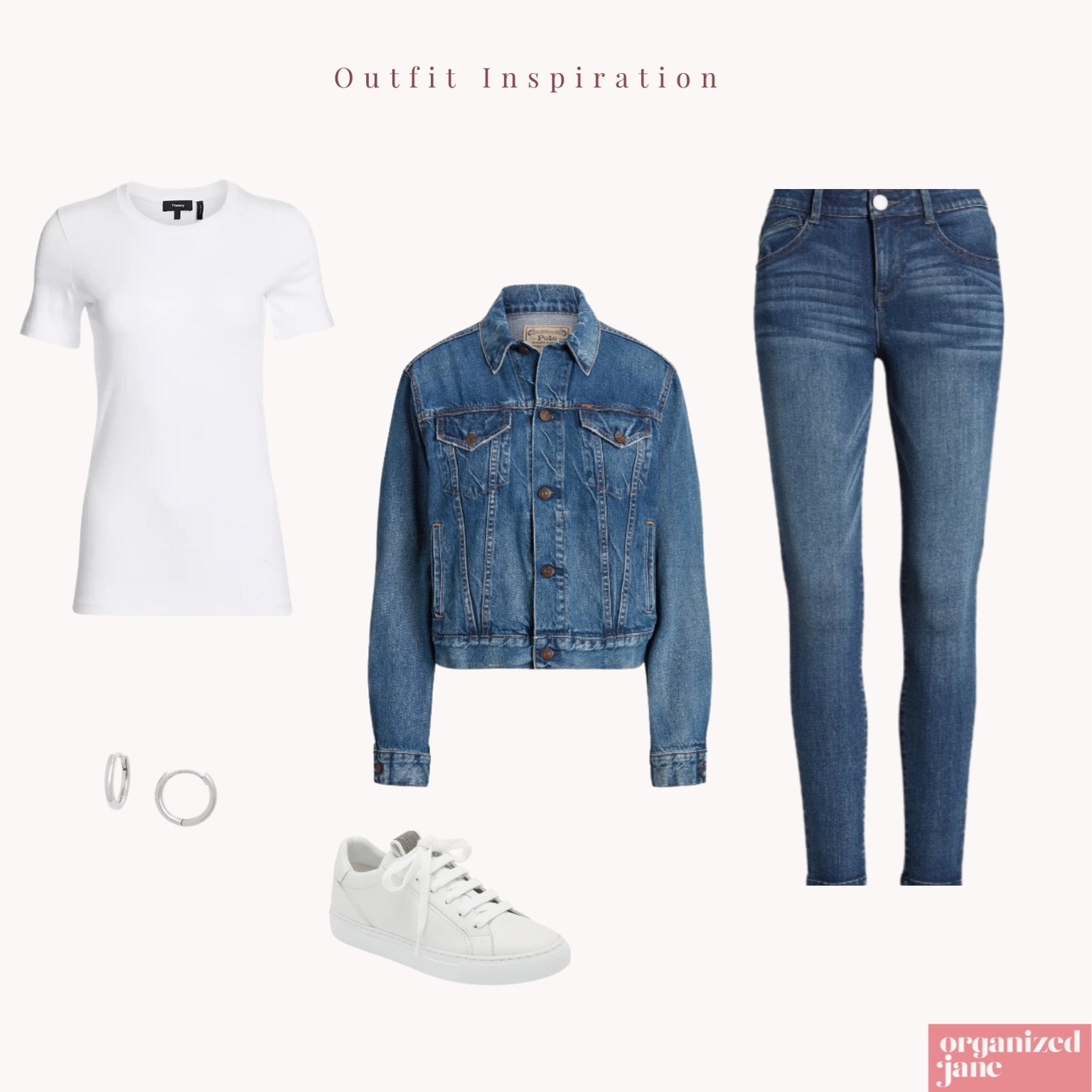 ✨ Outfit inspiration! 👖💙 This casual chic look features a classic white tee, denim jacket, and comfy jeans. Perfectly paired with white sneakers for an effortlessly cool vibe. #OrganizedJane #CasualChic #EffortlessStyle 👟✨