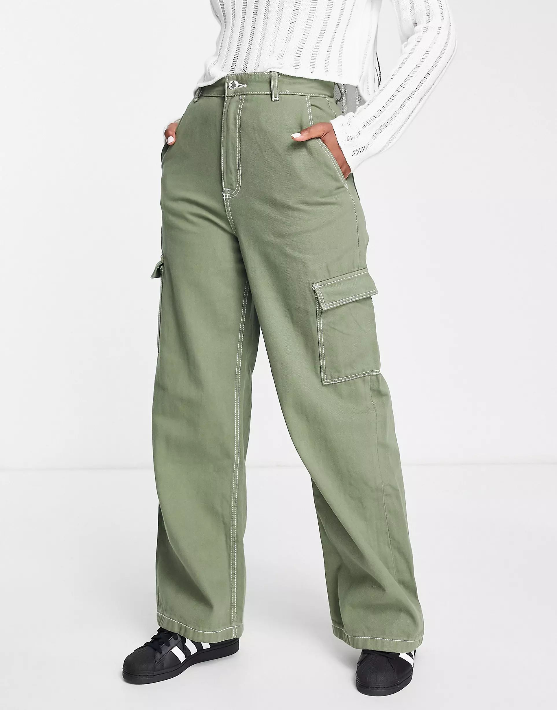 Bershka contrast seam cargo detail jeans in khaki | ASOS (Global)