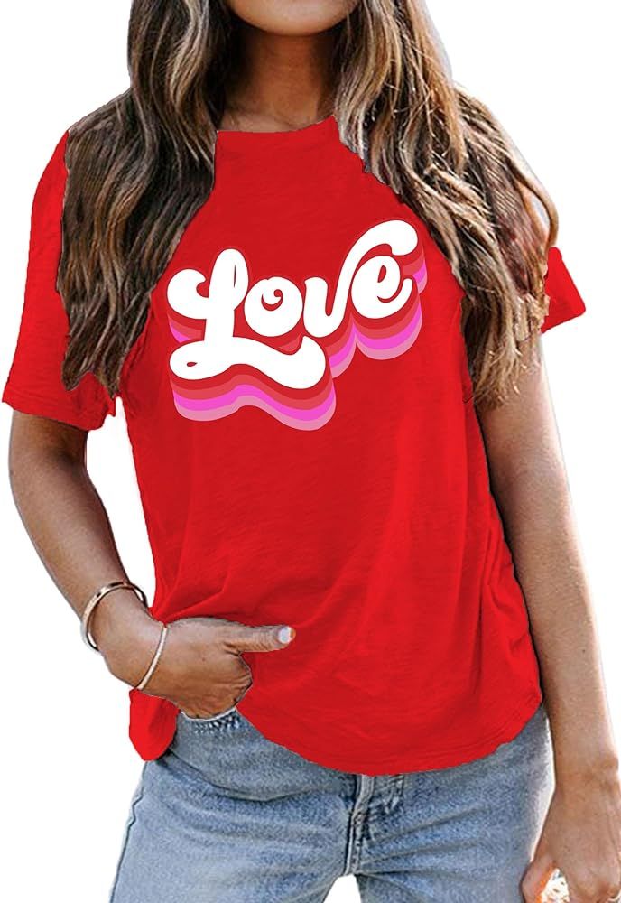 Valentine's Day Shirt for Women Bright Love Letter Print T-Shirt Cute Short Sleeve Graphic Tee To... | Amazon (US)