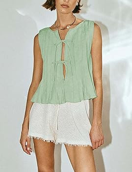 Zontroldy Women's Linen Tie Front Shirts Sleeveless Y2K Babydoll Ruffle Tank Top Aesthetic Clothe... | Amazon (US)