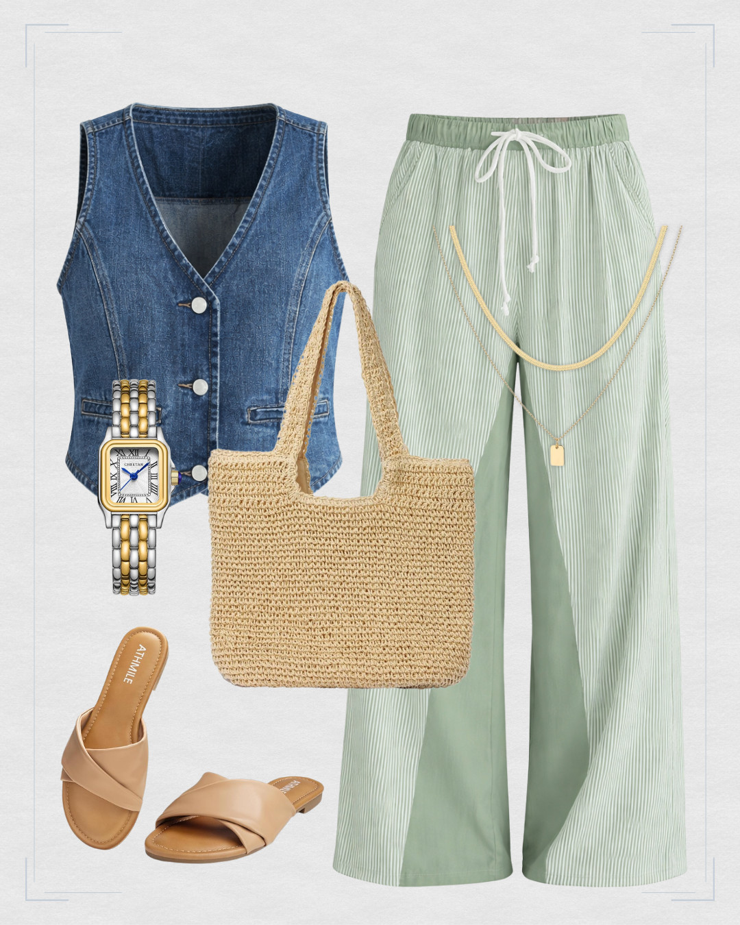 This outfit is perfect.. Lightweight, flowy, actually comfortable in any heat!

@amazon #springoutfits2026 #springstyle #denimvest #drawstringpants #green #strawtote #layerednecklace #womenssandals 

 #LTKootd #LTKSeasonal #LTKTravel