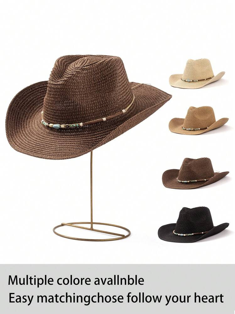 1pc Solid Color Bohemian Casual Straw Jewel Cowboy Beach Hat, Sunscreen, Suitable For All Seasons... | SHEIN
