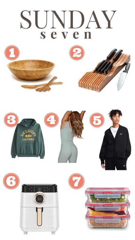 Here are seven things I’ve been loving lately!
1. This giant salad bowl!
2.This knife block that fits nicely in my drawer.
3.This hoodie is so nice and cozy!
4. My favorite Cara Loren tank!
5.This Nike half zip 👏.
6. This air fryer is awesome! It’s quieter than my last one which is nice.
7. Good stackable food containers are a must! 

#LTKfindsunder50 #LTKhome #LTKfindsunder100