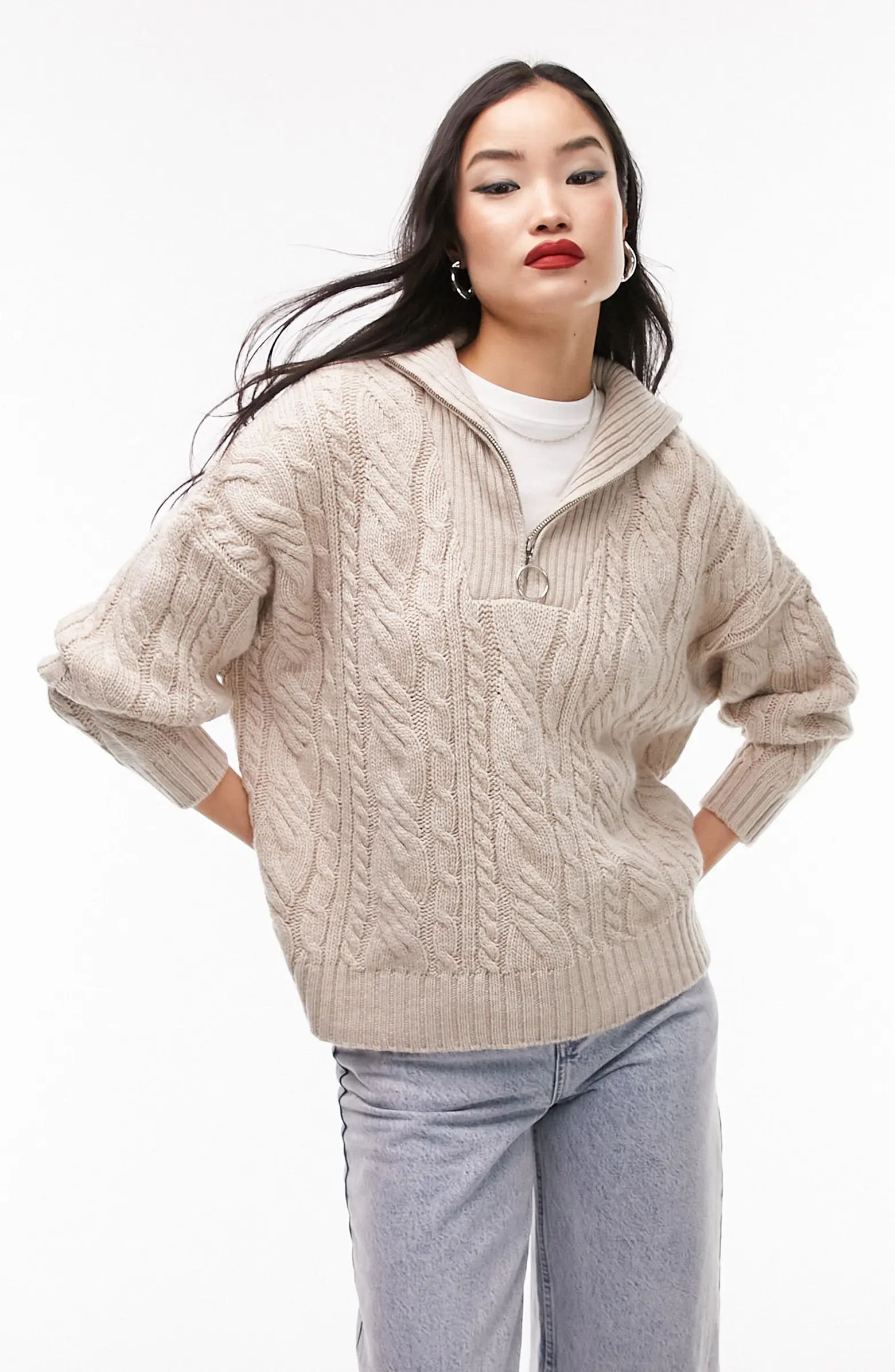 Topshop Cable Knit Half Zip Sweater | Nordstrom | Nordstrom