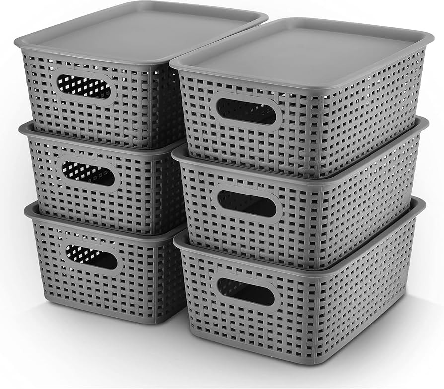 AREYZIN Plastic Storage Baskets With Lid Organizing Container Lidded Knit Storage Organizer Bins ... | Amazon (US)