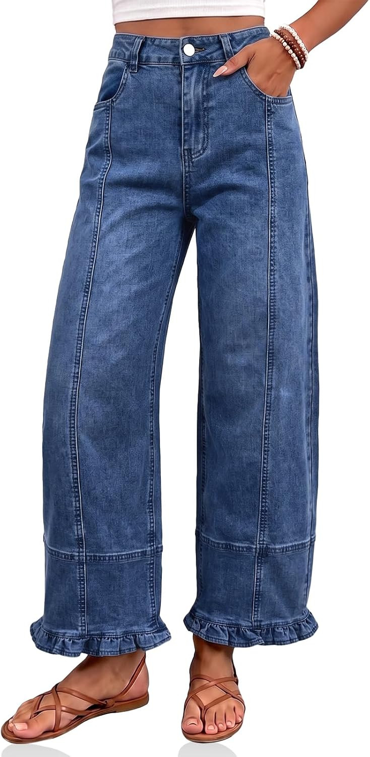 Cicy Bell Womens High Waisted Wide Leg Jeans Ruffle Hem Front Seam Jeans | Amazon (US)