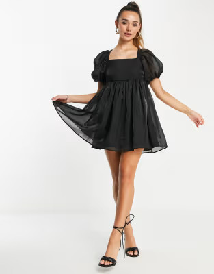 Amy Lynn mini smock dress with bow back and puff sleeves in black organza | ASOS (Global)