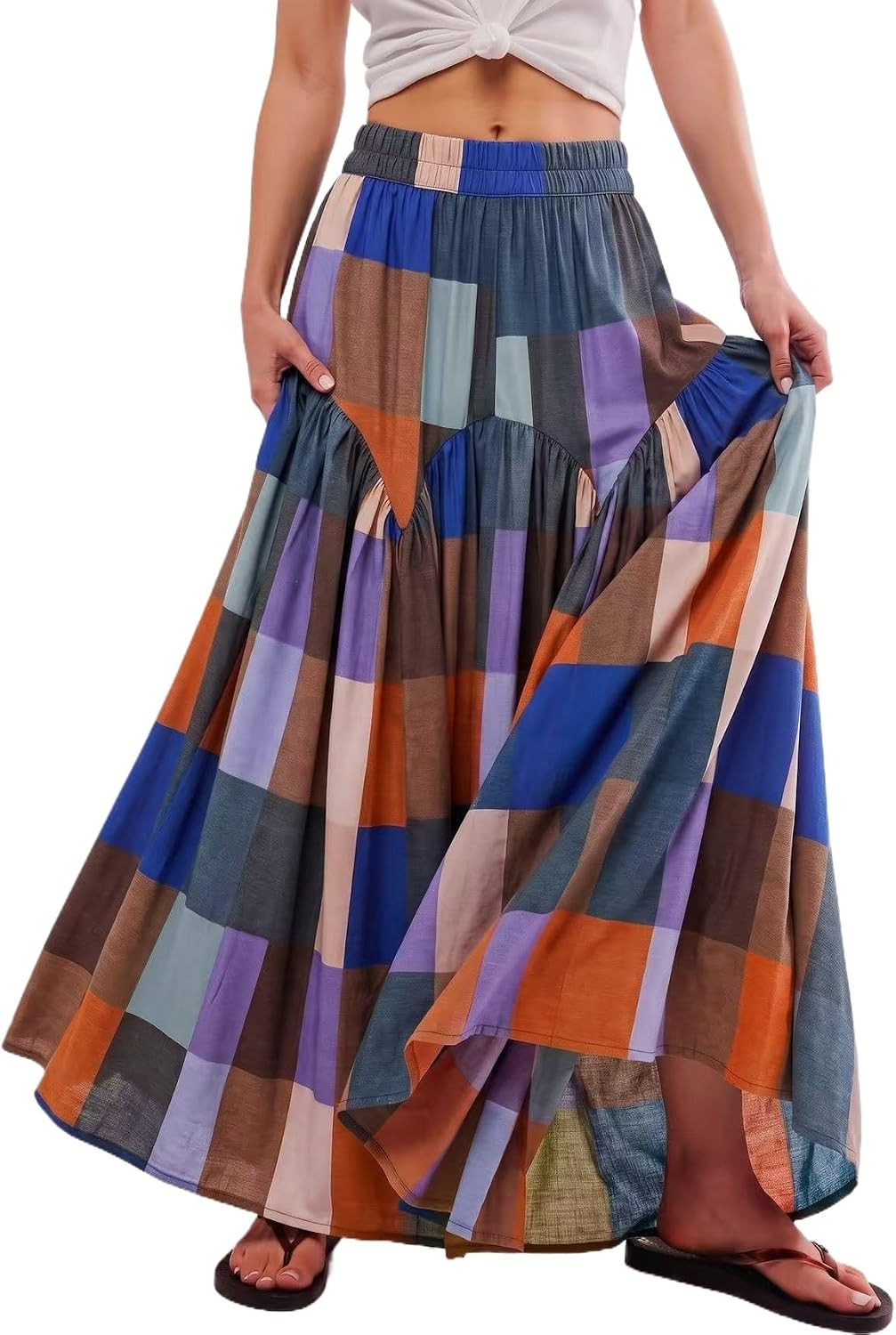 TinyCribz Women's Boho Ruched Plaid High Waist Floor Length Maxi Skirt | Amazon (US)