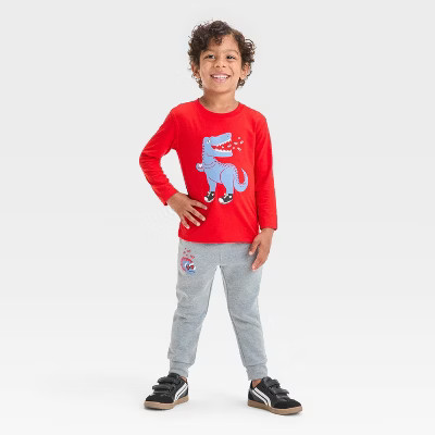 Toddler Boys' Valentine's Day Dino Long Sleeve T-Shirt and Fleece Jogger Pants Set - Cat & Jack™ Red 5T | Target