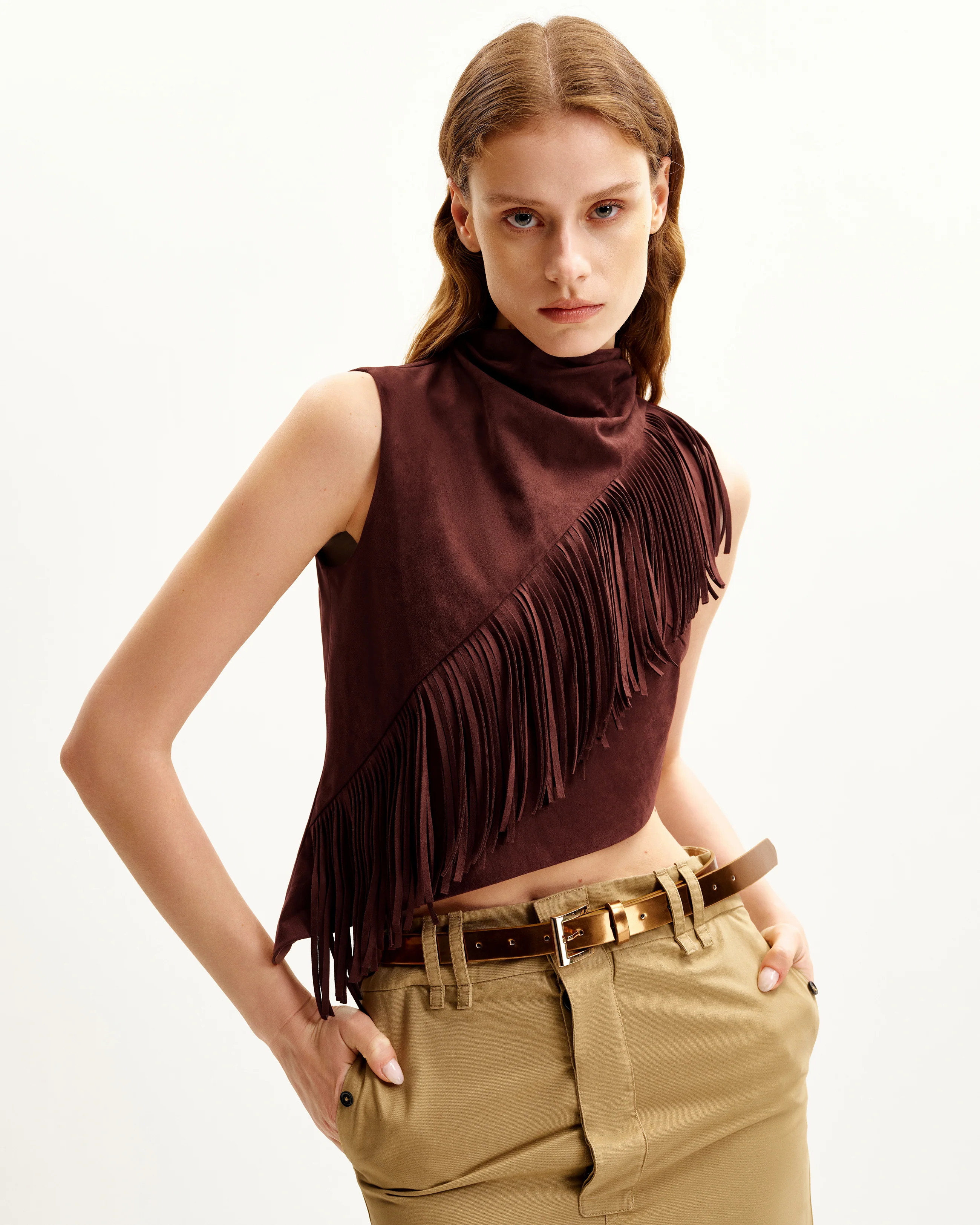 Adeline Asymmetric Fringe Sueded Top - Burgundy | JW PEI US