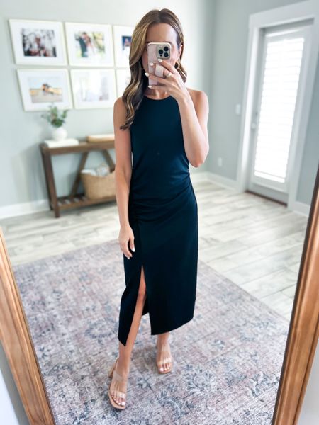 Target high-slit midi dress (XS). Little black dress. Business casual. Vacation outfit. Spring dress. Spring outfit. Target clear heels (TTS). 

*Runs a little big on me - size down if in between sizes. 

#LTKshoecrush #LTKtravel #LTKunder50