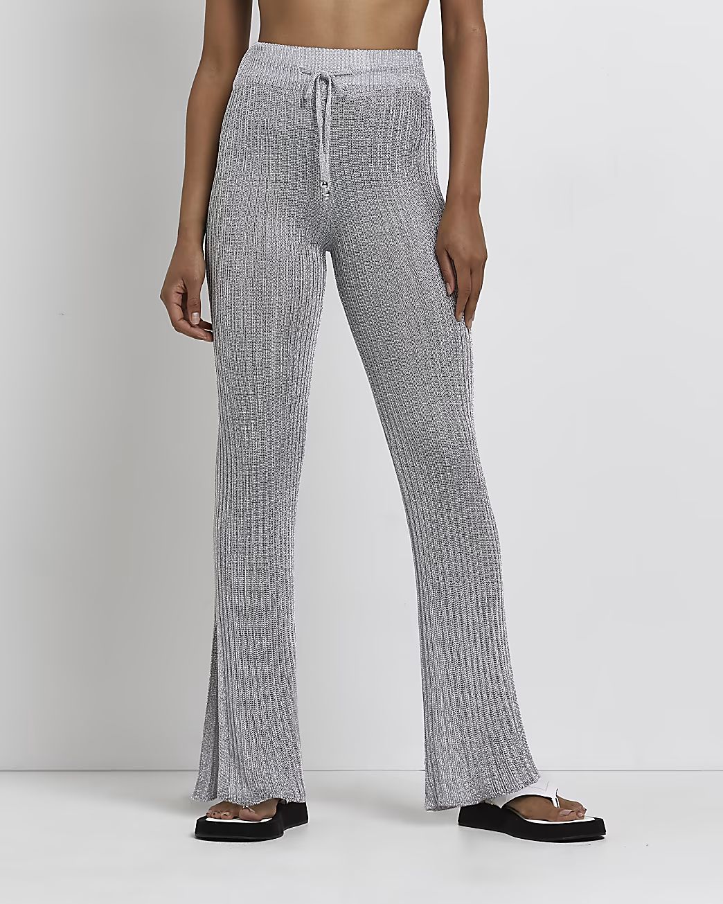Silver knitted flared trousers | River Island (UK & IE)