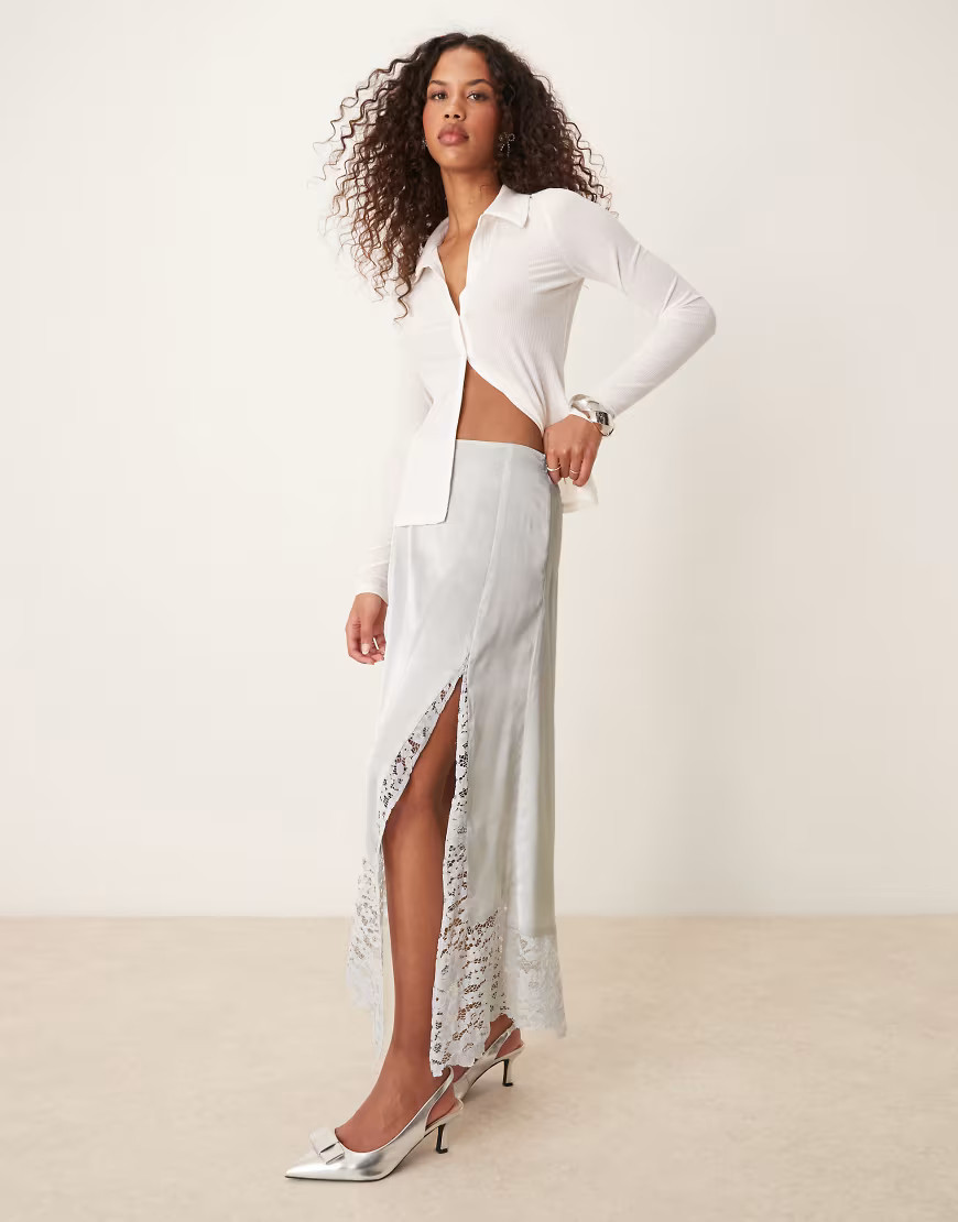 ASOS DESIGN satin & lace hanky hem midi skirt in silver | ASOS (Global)