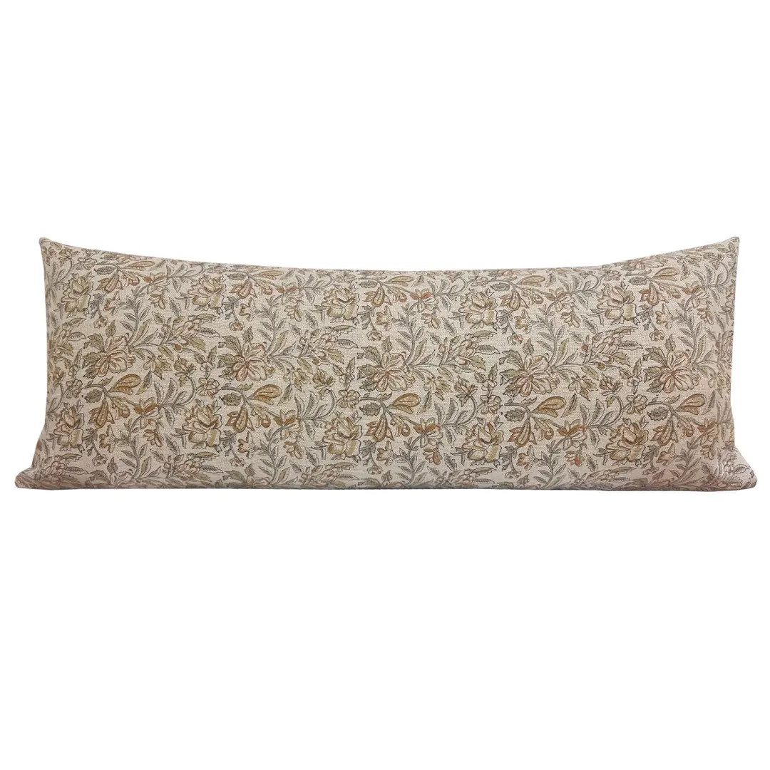 LORELIA || Designer Floral Linen Pillow Cover, Green and Rust Floral, Block Print Pillow, Neutral... | Etsy (US)