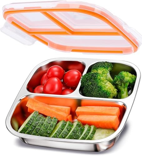 KTKUDY Stainless Steel Snack Container - Kids Lunch Container with 3 Compartment - Divided Meal P... | Amazon (US)