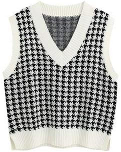 Sdencin Women Houndstooth Pattern Knit Sweater Vest Sleeveless Loose V-Neck 90s Waistcoat Pullove... | Amazon (US)