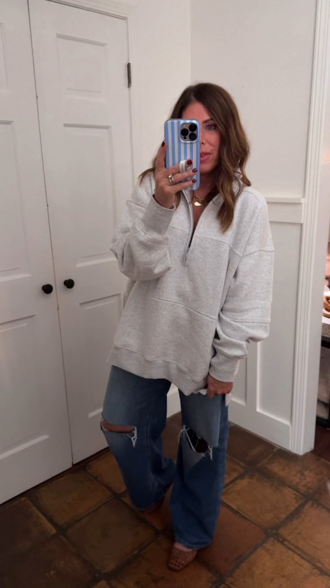 Cloud fleece oversized quarter zip sweatshirt is on sale 30% off plus an additional 20% off exclusively through LTK with code. This sweatshirt never goes on sale and for it to be on sale 50% off is amazing. It is currently available in four colors. I just ordered the dark chocolate brown too. I am wearing my true size medium. I love how it looks with these jeans, but it also works perfectly with sweatpants and leggings. It is so soft and cozy.!!

These jeans are the ultra high-rise curvy fit dreamy drape with distressed knees. They just restocked them. They also come in regular fit in a non-distressed knee. I’m wearing a 28 or six long. They are on sale 25% off plus an additional 30% off exclusively through LTK with code.

You can only use one LTK code though so either make two separate purchases, if you’re wanting both pieces or use one LTK code and then aerie also has a code you can use



#LTKFallSale #LTKFindsUnder50 #LTKSaleAlert