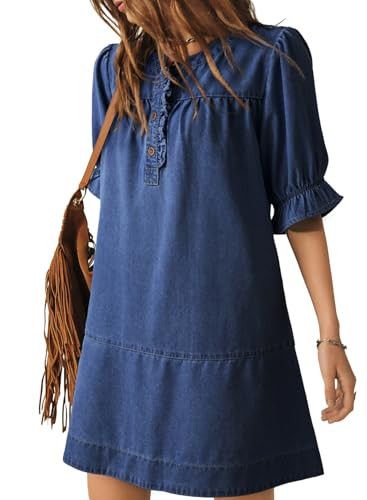 Dokotoo Dresses for Women Babydoll Denim Dress Mini Jean Dresses Blue L | Amazon (US)