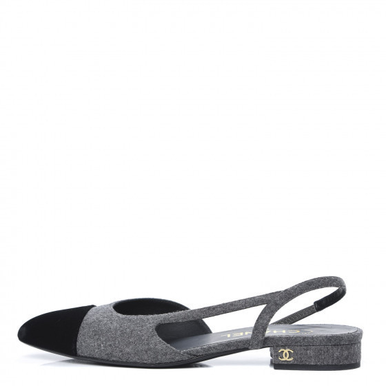 CHANEL Wool Velvet Cap Toe CC Slingback Pumps 36.5 Black Grey | Fashionphile