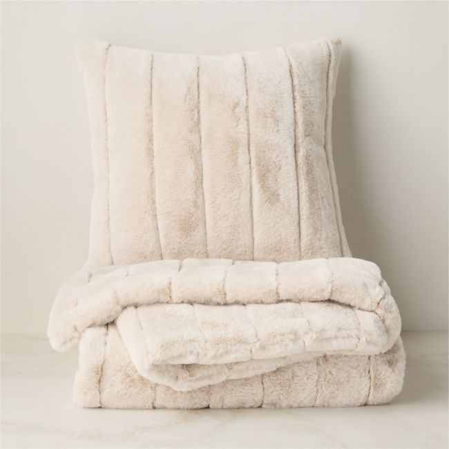 Channel Off-White Faux Fur Throw Pillow with Feather Down Insert 18""x18"" and Throw Blanket 50""x70"" Set | CB2