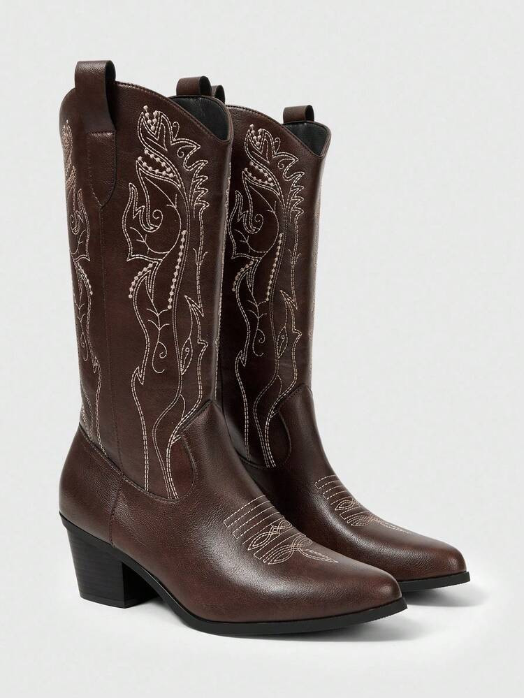 ROMWE Fairycore Women's Cowboy Boots, New Spring/Autumn Mori Style Brown Pointed Toe Embroidered Western Boots | SHEIN