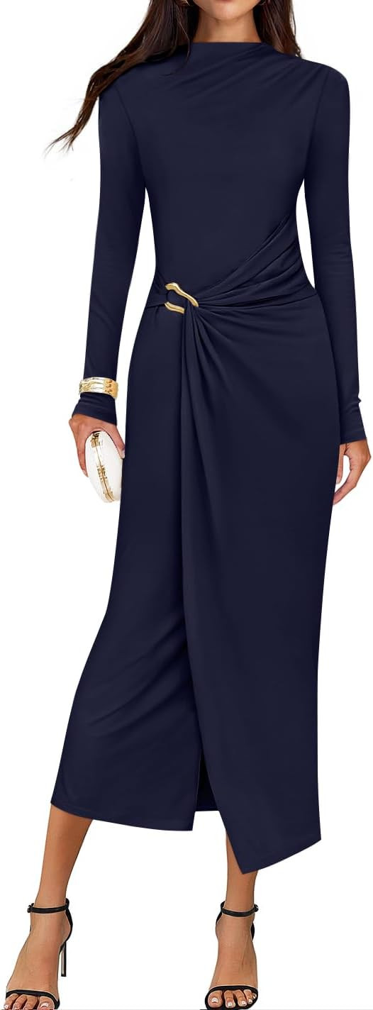 ZESICA Women's 2026 Spring Long Sleeve Bodycon Dress Mock Neck Wedding Guest Cocktail Party Long ... | Amazon (US)