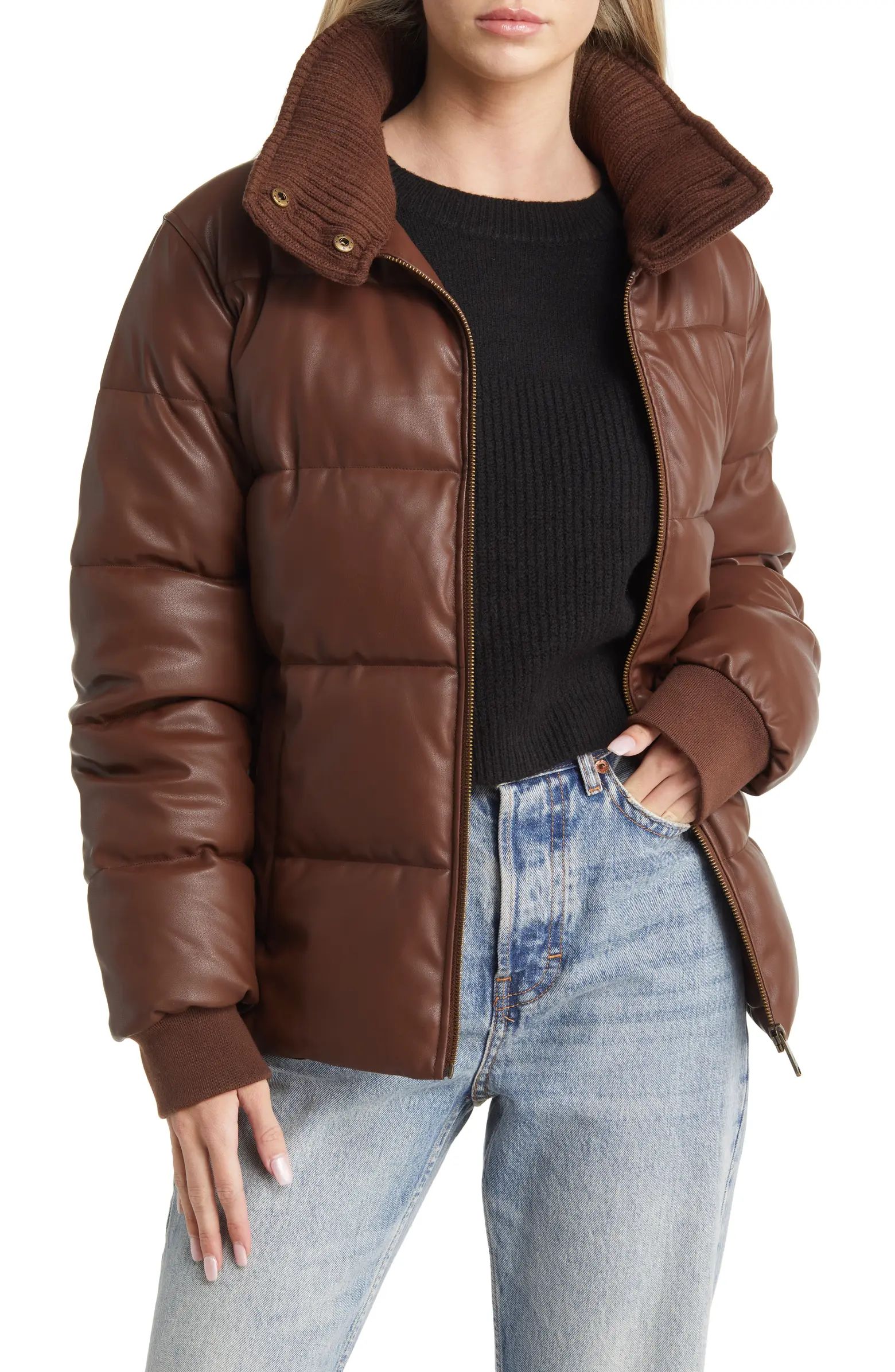 Sam Edelman Faux Leather Puffer Jacket with Ribbed Collar | Nordstrom | Nordstrom