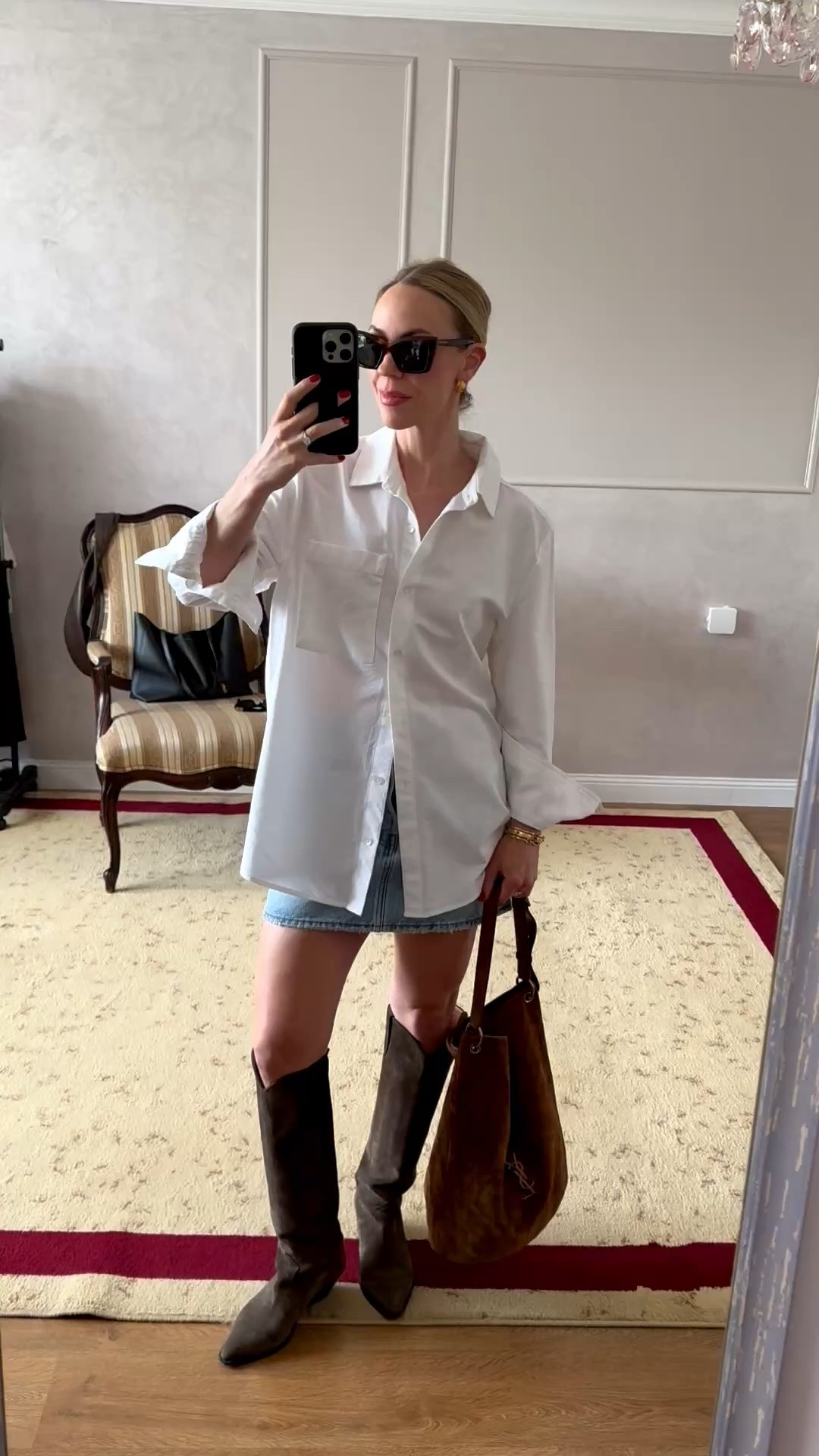Late summer and early fall outfit with oversized button down shirt, denim mini skirt and cowboy boots

#LTKSeasonal #LTKOver40 #LTKSaleAlert
