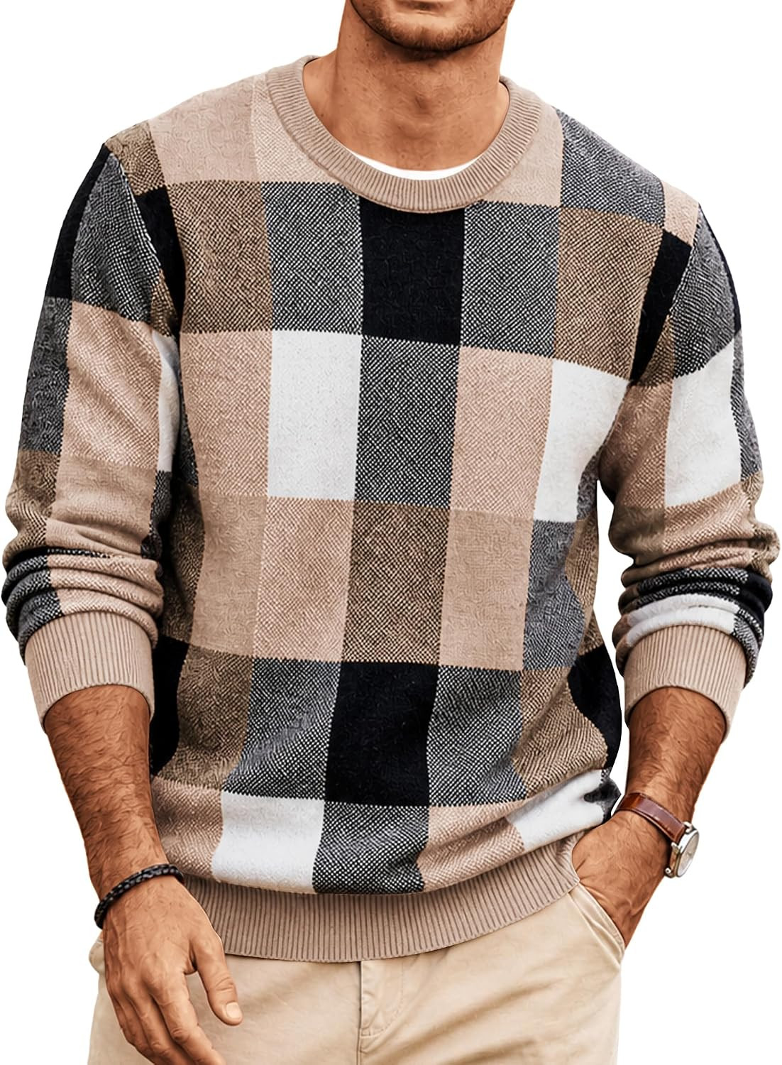 COOFANDY Men's Plaid Crew Neck Sweater Long Sleeve Knit Pullover | Amazon (US)