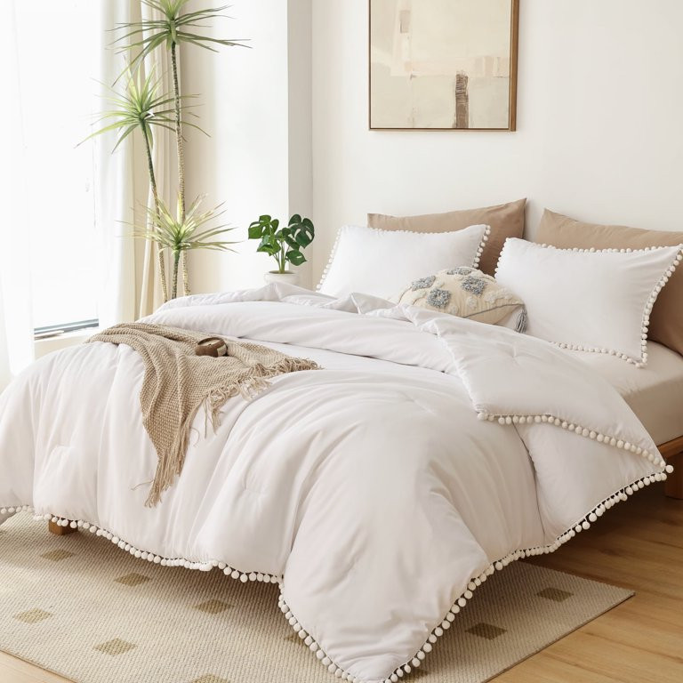 SPRINDAY Queen Comforter Sets For Adult, 3 Piece White Comforter Ball Pom Bedding Set For All Sea... | Walmart (US)