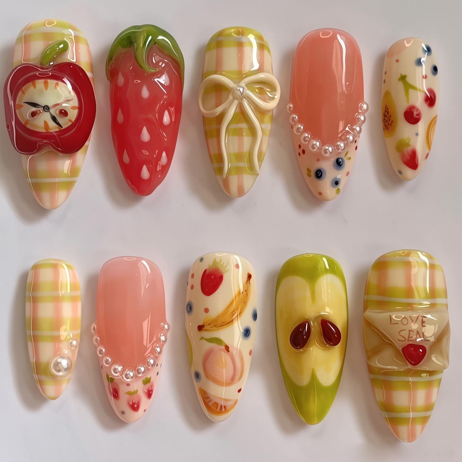 30Pcs Summer Fruit French Tip Press on Nails Medium Almond Fake Nails with Pearl Designs Cute 3D ... | Amazon (US)