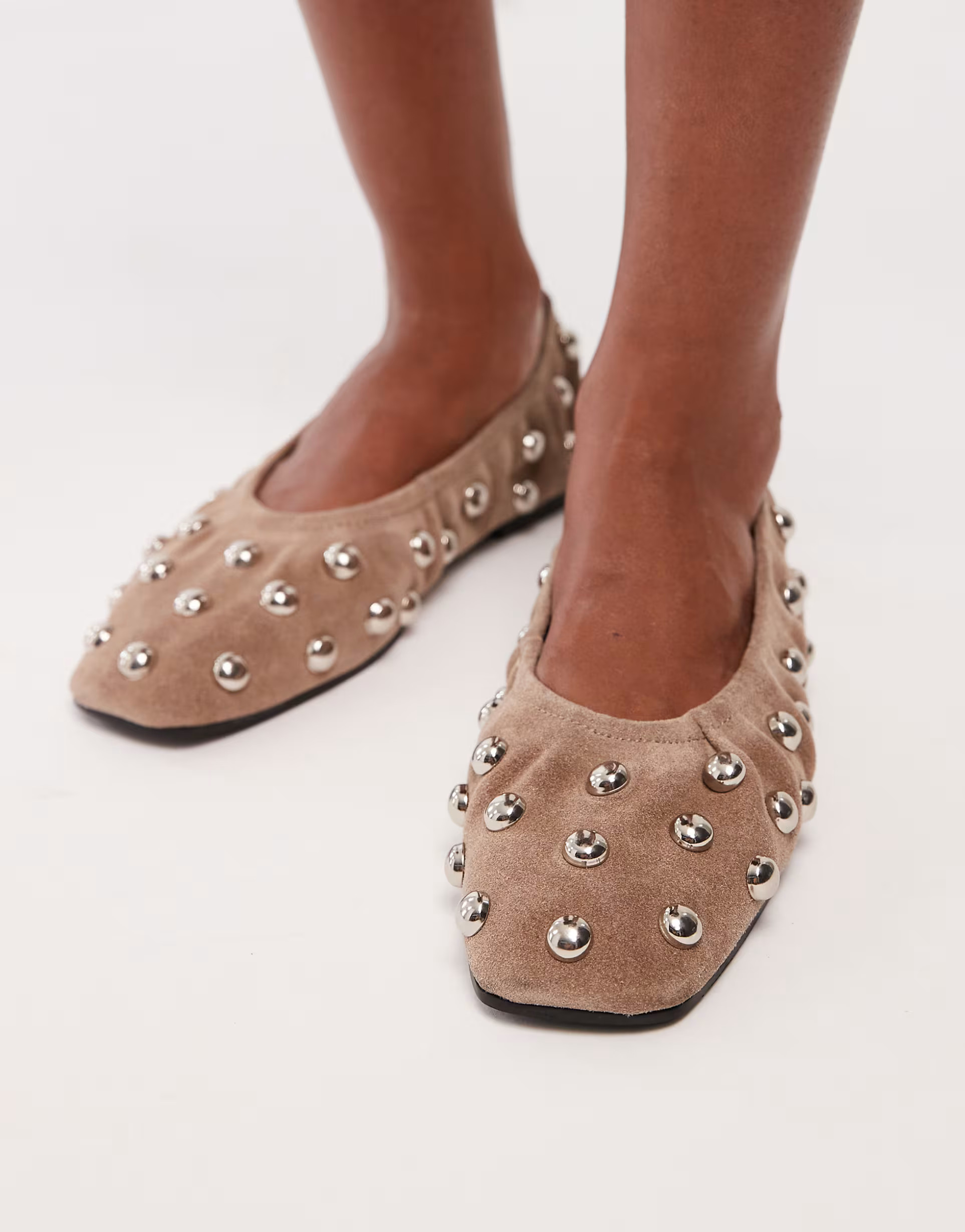 ASOS DESIGN Lyle premium studded scrunch ballets in sand suede | ASOS (Global)