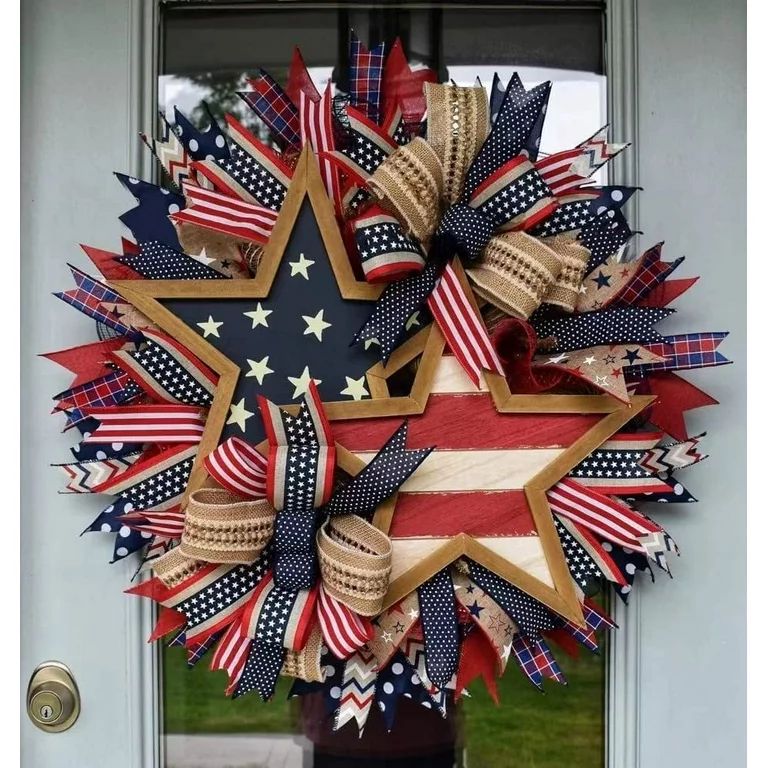 SDJMa 16in Independence Day Mesh Door Wreath with American Flag Star Wood Sign, 4th of July Patri... | Walmart (US)