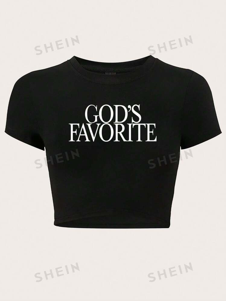 SHEIN TRNDY Women Simple Printed Crop Top Slim Fit T-Shirt GOD'S FAVORITE | SHEIN