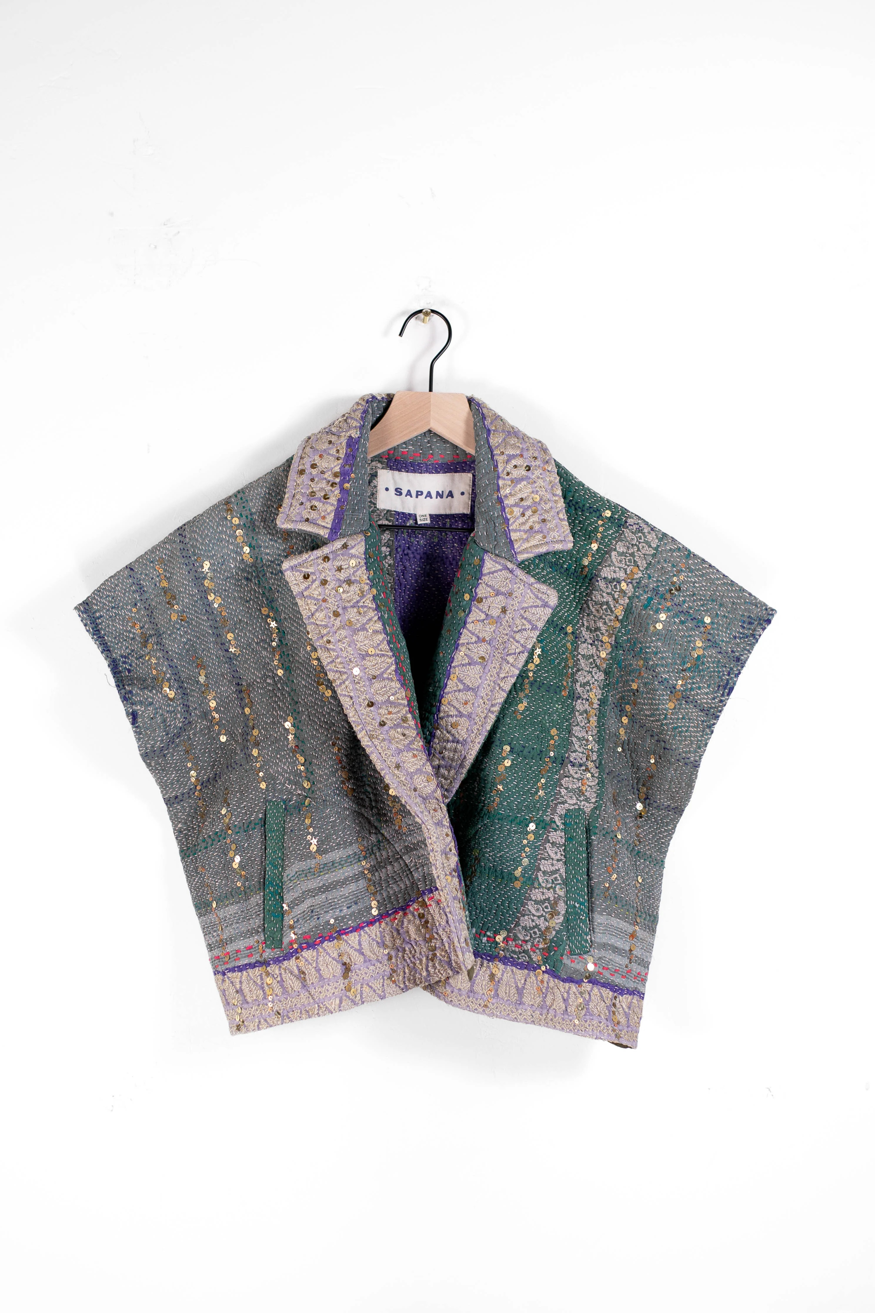 Tara Crop Coat – Vintage Kantha Jacket with Hand-Applied Sequin Detail | Sapana | Sapana