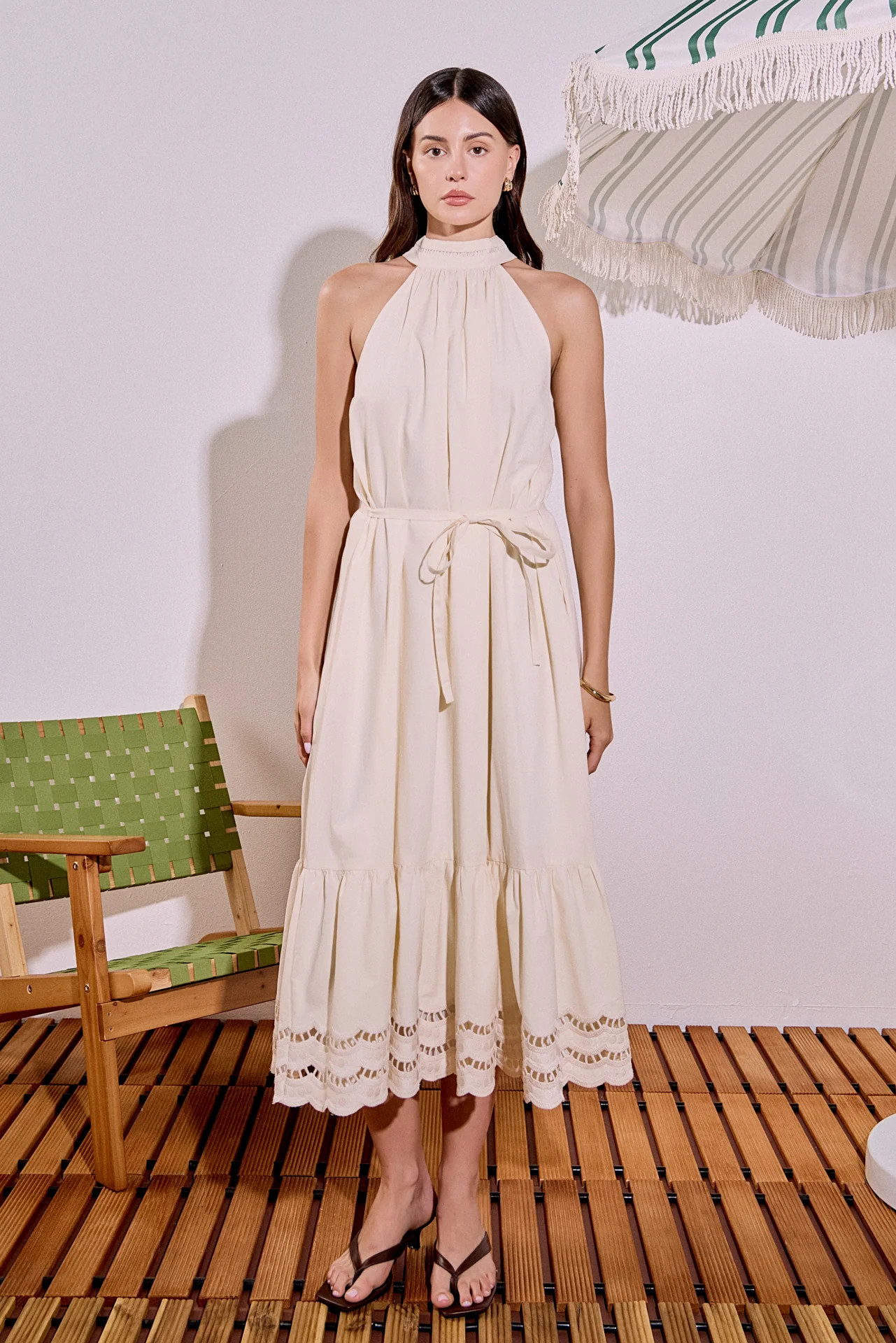 Embroidered Halter Neck Midi Dress | English Factory