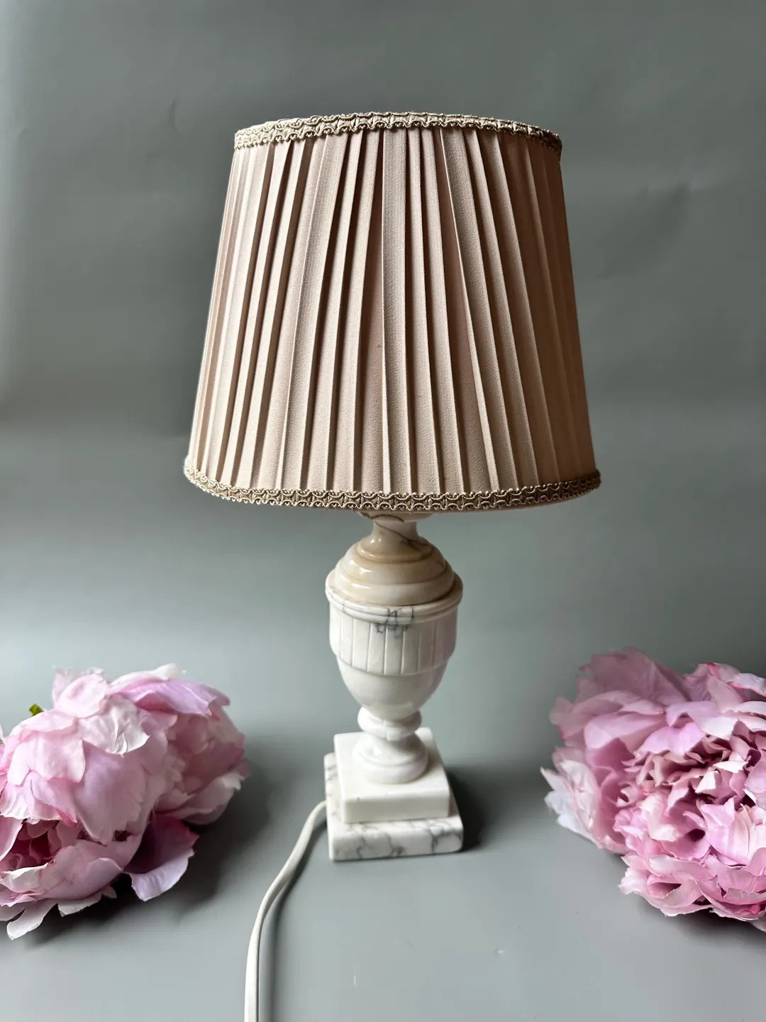 Vintage Italian white marble stone table lamp with pink lamp shade. Ornate nightstand or side tab... | Etsy (US)