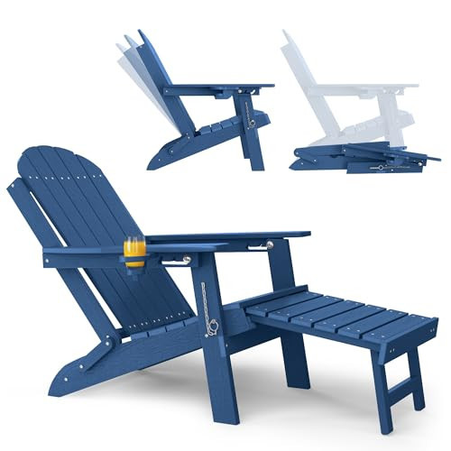 YEFU Folding Adirondack Chair with Footrest: Adjustable Adirondack Chairs with Retractable Ottoman - Sturdy HDPE Plastic with Cup Holder - All Weather for Outdoor/Patio/Fire Pit/Outside/Pool(Navy) | Amazon (US)