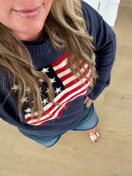 Loving this navy blue American flag sweater! It has a loose fit and looks so cute with these denim shorts (love the 6” inseam for the taller gals) and these raffia sandals! I’ll also link a few other Americana sweater options! 
.
#ltkfindsunder50 #ltkseasonal #ltkover40 #ltkstyletip #ltkfindsunder100 #ltkmidsize #ltksalealert #ltkshoecrush

#LTKSeasonal #LTKFindsUnder50 #LTKOver40