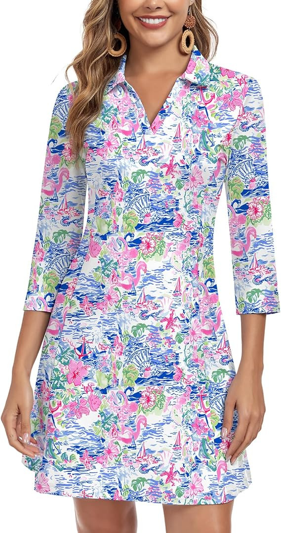 WOWENY 3/4 Sleeve Dress for Women with Pockets V Neck UPF 50+ Casual Sun Dress Breathable Quick D... | Amazon (US)