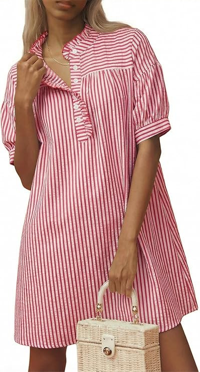 BLENCOT Womens Button Down Shirt Dresses Casual Striped Cotton Stand Collar Ruffle Puff Sleeve Su... | Amazon (US)