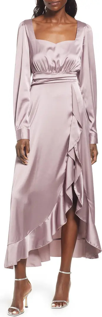 Ruffle Detail Long Sleeve Satin Gown | Nordstrom