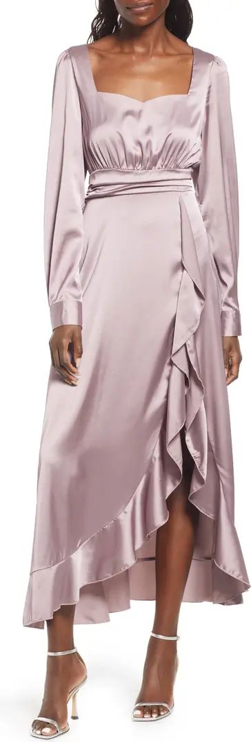 Ruffle Detail Long Sleeve Satin Gown | Nordstrom